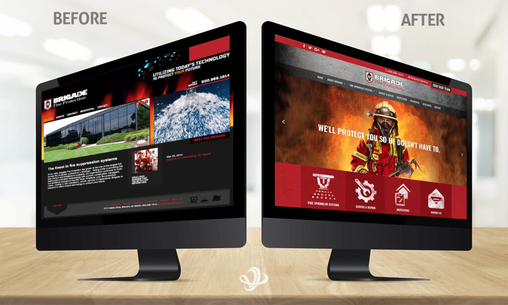 Website makeover Before and After for Brigade Fire. Matching visuals and messaging is key to designing a good website.