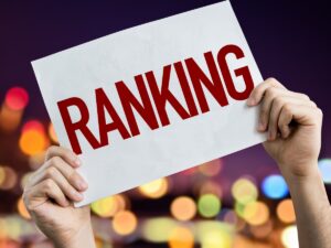 A woman holds up a white piece of paper with RANKING in red letters typed on it. How do you climb Google rankings?