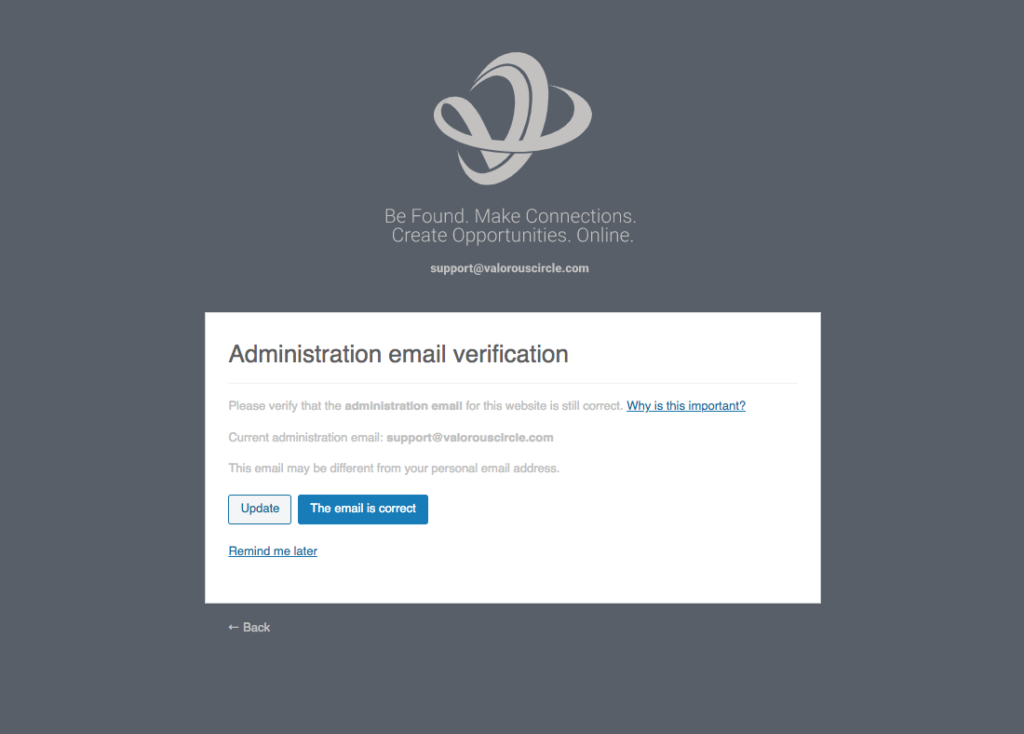 An example of WordPress 5.3's site admin email verification warning.