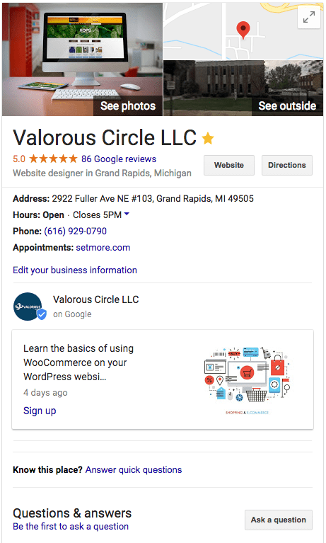 Valorous Circle's google my business listing