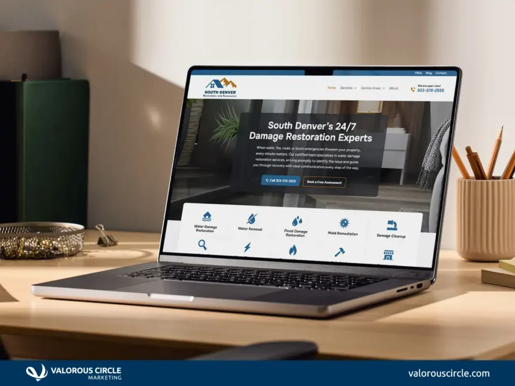 Laptop on a table with client's website homepage pulled up