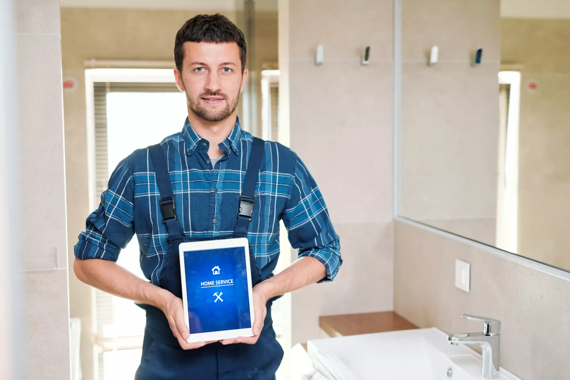 A man in work overalls and a blue flannel shirt stands in a bathroom holding a tablet.